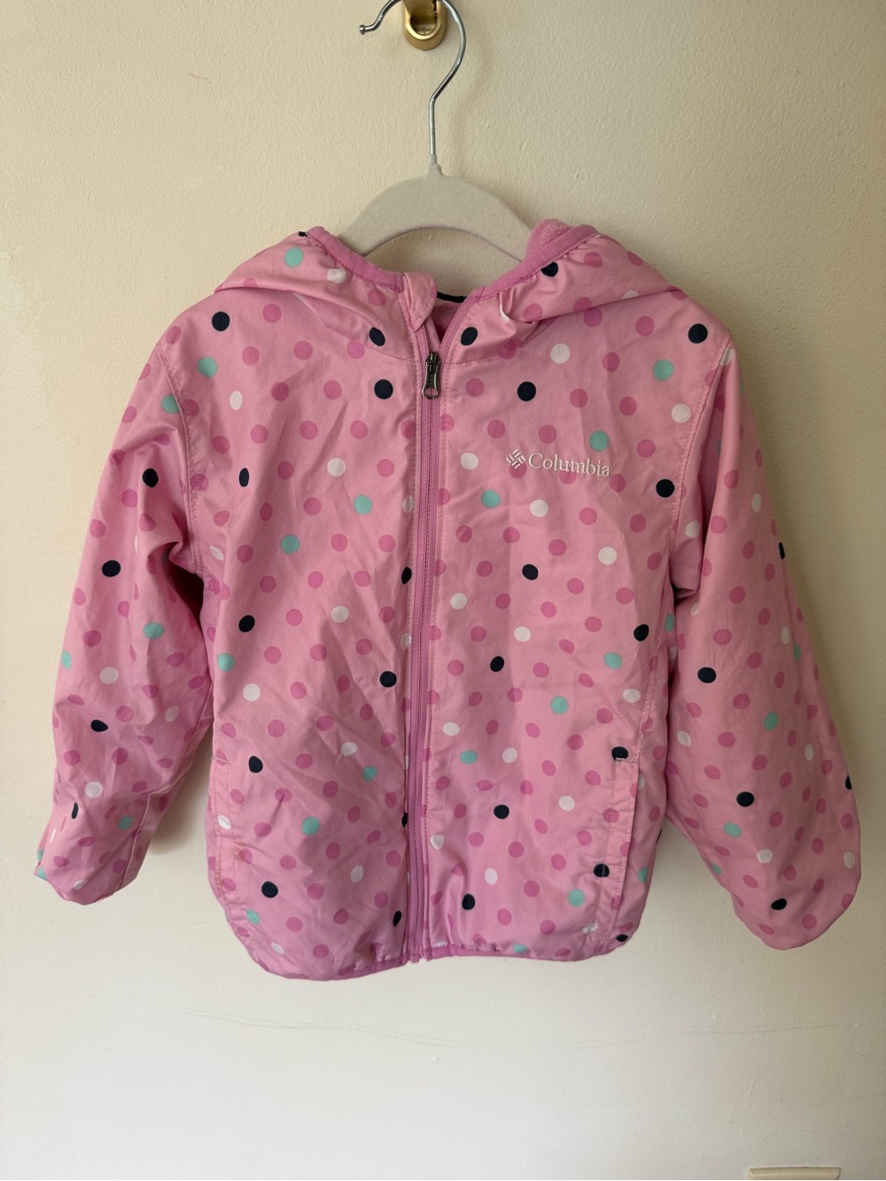 Columbia Pink Polka Dot Hooded Rain Jacket